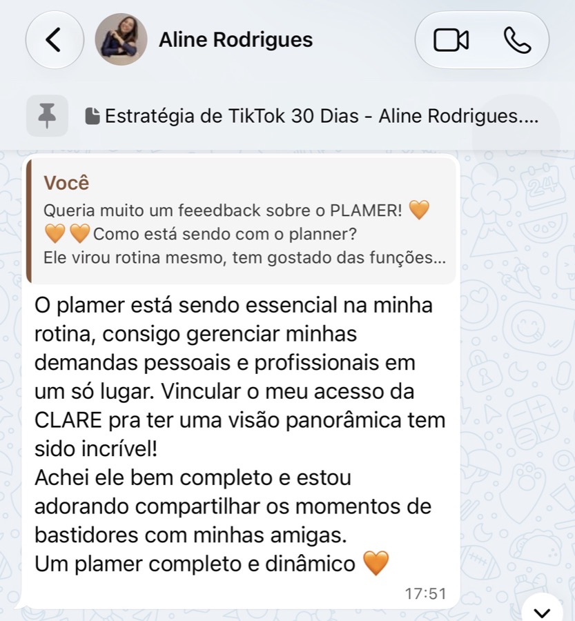 Feedback de Aline Rodrigues no WhatsApp